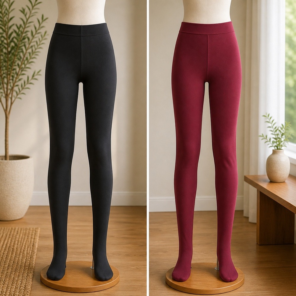 Set of 2 Pairs M/L Opaque Footed Tights Black and Burgundy High Waist Hosiery
